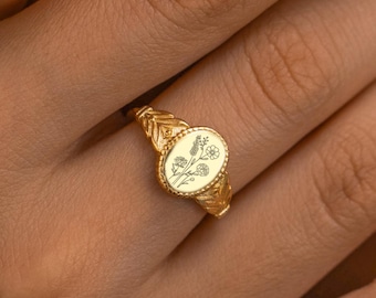 Birth Month Flower Bouquet Signet Ring, Engraved Dainty Flower Ring, Family Gift for Mom, Personalized Gift, Grandma Gift, Christmas Gifts