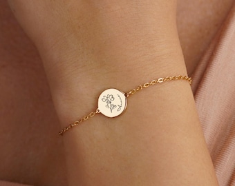 Tiny Birth Flower Bracelet, Wild Flowers Memorial, Silver Bracelet with Name, Christmas Gift For Her, Birth Flower Jewelry, Floral Bracelet