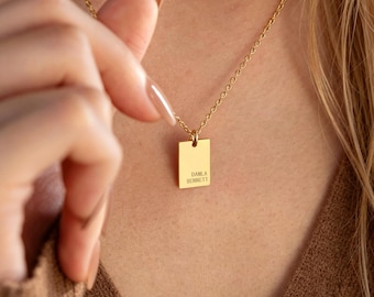 Custom Name Tag Necklace, Engraved Charm Necklace, Minimalist Tag Necklace, Personalized Gift for Her