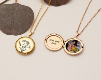 Personalized Mothers Day Gift, Locket Necklace with Photo, Combined Birth Flower Locket,Flower Bouquet Necklace for Mom, Mother's Day Gift