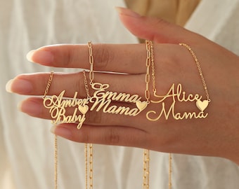 Personalized Double Names Necklace with Heart, Custom Gold Name Necklace, Couple Necklace, Mothers Necklace, Mothers Day Gift