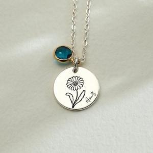 Collar de piedra de nacimiento de la flor de nacimiento con nombre, nombre grabado collar de piedra de nacimiento, regalos de cumpleaños personalizados, collar para mujer, regalo para ella