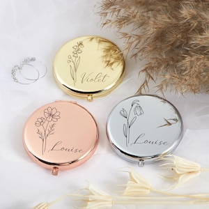 Miroir compact personnalisé, cadeaux pour proposition de demoiselle d’honneur et anniversaire du meilleur ami, cadeau personnalisé pour les femmes, miroir de poche de fleur de naissance pour elle