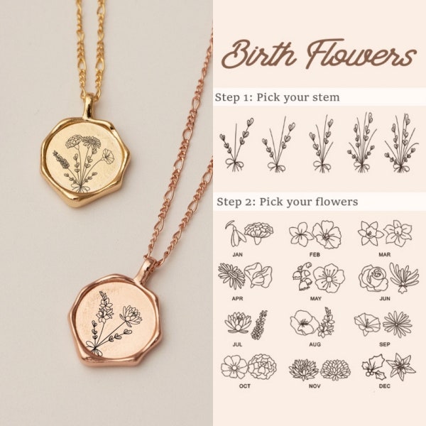 Family Bouquet Flower Necklace, Combined Birth Month Flower Necklace, Engraved Unique Family Mother Gift, Mother Day Gifts for Her