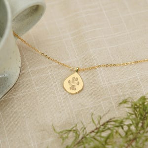 Puede incluir: Un collar de tono dorado con un colgante en forma de l&aacute;grima que presenta una huella de pata de animal grabada. La cadena fina se conecta a la parte superior del dije de metal liso y pulido, que muestra la textura de una almohadilla.