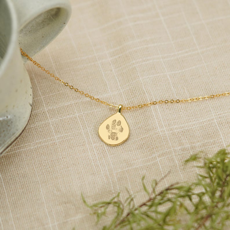 Puede incluir: Un collar de tono dorado con un colgante en forma de l&aacute;grima que presenta una huella de pata de animal grabada. La cadena fina se conecta a la parte superior del dije de metal liso y pulido, que muestra la textura de una almohadilla.