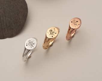 18K Gold Filled Birth Flower Zodic Ring, Signet Ring Women,Birth Month Flower Gifts, Dainty Jewelry, Gift for Her