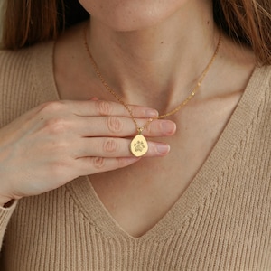 Puede incluir: Un collar de tono dorado con una cadena fina y un peque&ntilde;o colgante de forma irregular similar a una gota. El centro del colgante presenta un grabado detallado de una huella de pata, creando un punto focal sutil y texturizado sobre el metal liso.