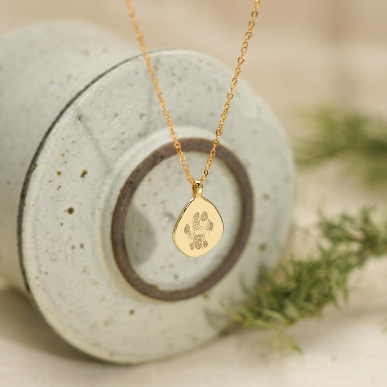 Puede incluir: Un collar de tono dorado con una cadena delicada y un colgante en forma de l&aacute;grima. El colgante muestra un dise&ntilde;o grabado de huella de animal en su superficie lisa y pulida, suspendido de una cadena de eslabones de metal dorado a juego.