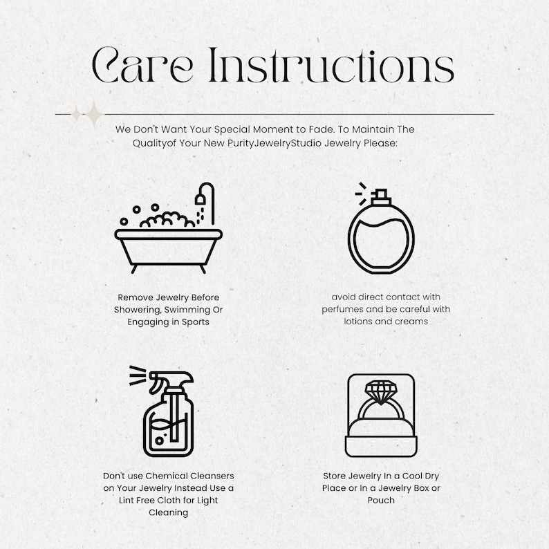 Puede incluir: Una tarjeta informativa blanca titulada Care Instructions con texto negro y cuatro iconos de l&iacute;nea. Los iconos representan una ba&ntilde;era, un frasco de perfume, un atomizador y un anillo en una caja, junto con instrucciones para el cuidado de joyas.