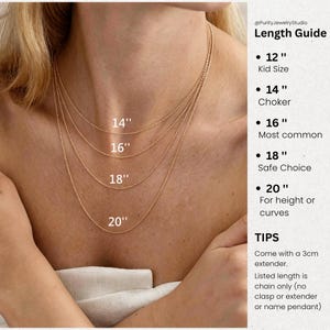 Puede incluir: Una gu&iacute;a de longitud de collares de cadena dorada con cuatro cadenas superpuestas etiquetadas como 14, 16, 18 y 20 pulgadas. El texto incluye PurityJewelryStudio Length Guide, tallas para ni&ntilde;os, gargantilla y una extensi&oacute;n de 3 cm.