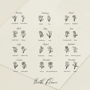 May include: A cream-colored card featuring delicate black line drawings of birth flowers for each month, with the month names and flower names below each illustration. The words "Birth Flower" are written at the bottom.