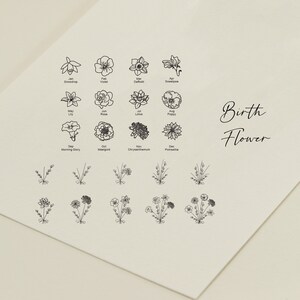 May include: A black and white illustration of birth flowers for each month of the year. The flowers are arranged in a grid with the month and flower name below each image. The text "Birth Flower" is written in cursive at the top right of the image.