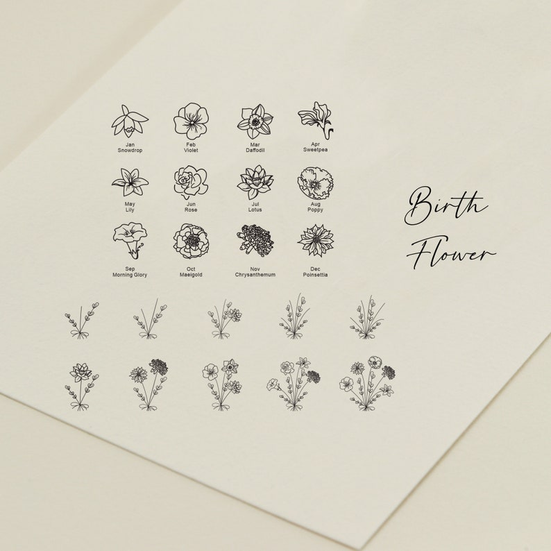May include: A black and white illustration of birth flowers for each month of the year. The flowers are arranged in a grid with the month and flower name below each image. The text "Birth Flower" is written in cursive at the top right of the image.