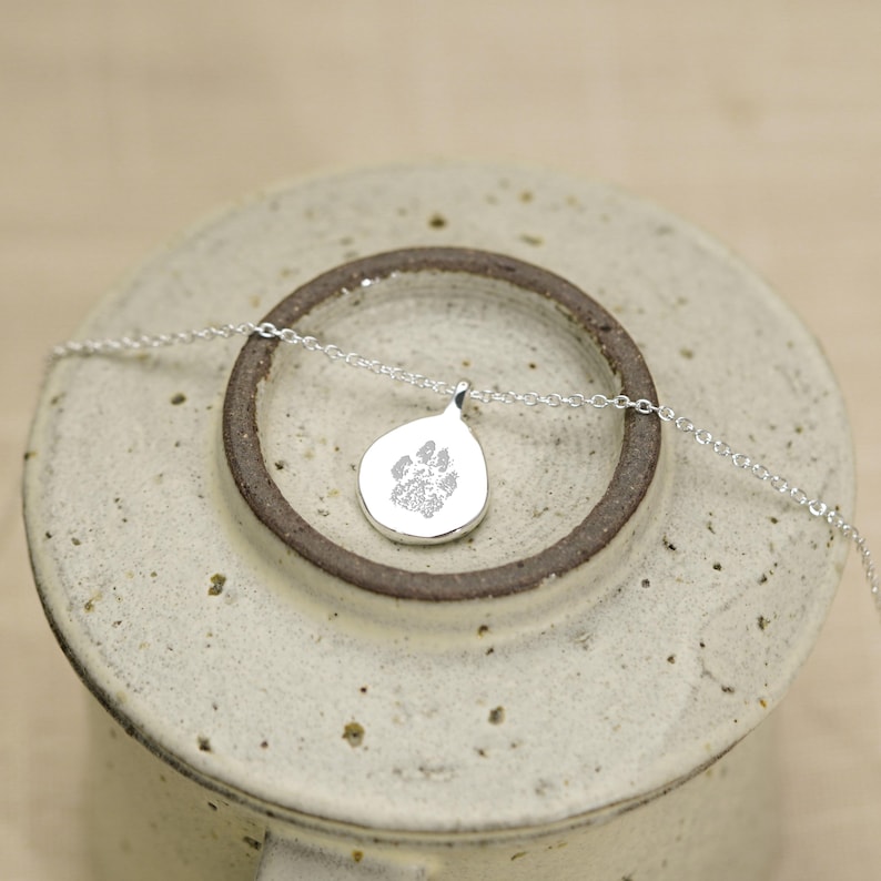 Puede incluir: Un collar de plata con un peque&ntilde;o colgante irregular en forma de gota. El colgante tiene grabado un detalle de huella de pata de animal en el centro. La pieza est&aacute; unida a una delicada y fina cadena de plata que se extiende horizontalmente.