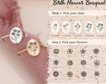 Personalized Birth Flower Ring, Birth Flower Bouquet Ring for Mom, Combined Family Floral Signet Ring, Mothers Day Gift, Gift for Grandma