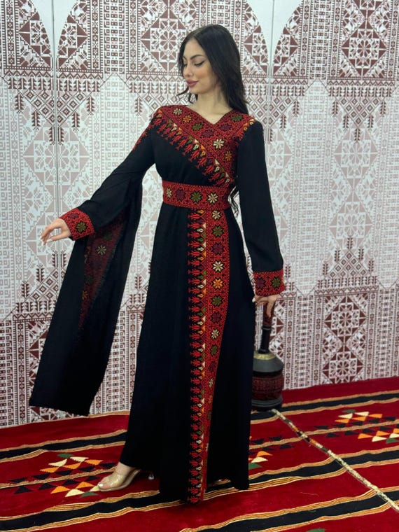 Palestinian Embroidery Dress Red Black Gift Women Handmade freeshipping Tatreez Dress Palestinian Heritage Caftan for Henna Party Wedding
