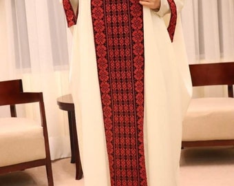 Abaya Palestinian embroidery oriental Bedouin white color with red embroidery kaftan thobe tatreez freeshipping handmade gift woman heritage