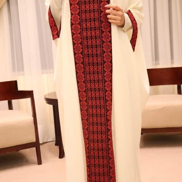 Abaya Palestinian embroidery oriental Bedouin white color with red embroidery kaftan thobe tatreez freeshipping handmade gift woman heritage