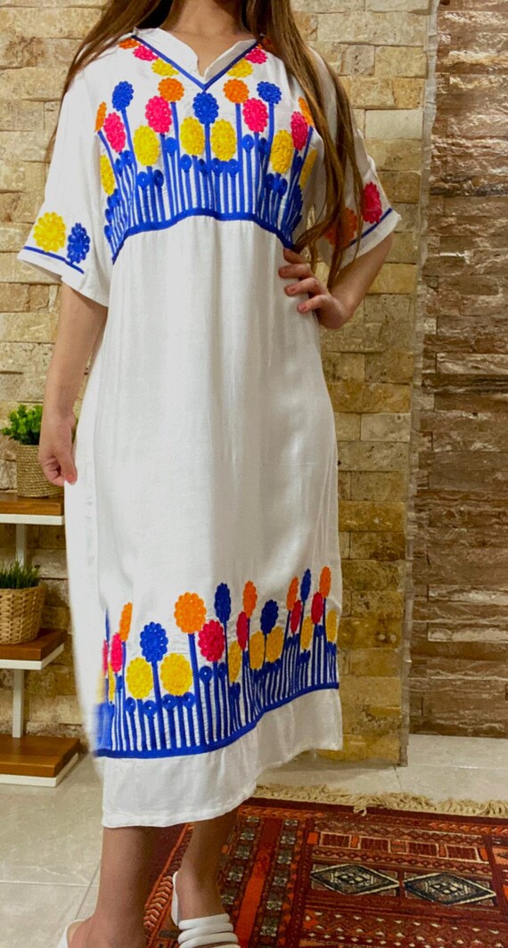 white peasant dress embroidered 60 Tory Burch Embroidered Peasant Dress Maxi White Cover Up Beach Caftan M