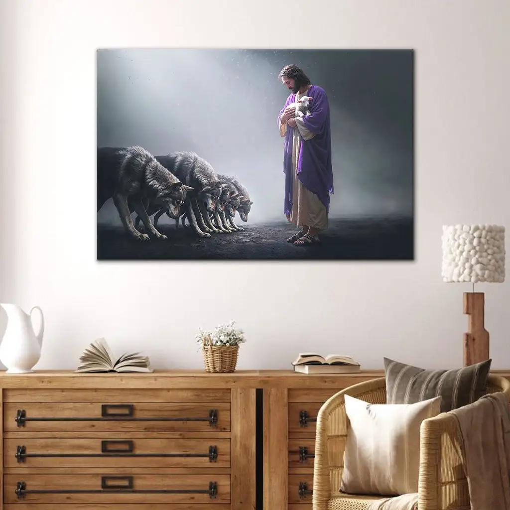 Jesus Holds a Lamb as Wolves Bow Down – Christian Wall Art Canvas ...