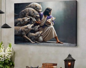 Jesus Protects The Lamb From Wolves Wall Art Canvas, Christian Home Decor, Inspirational Jesus Artwork, Bible Verse Wall Hanging