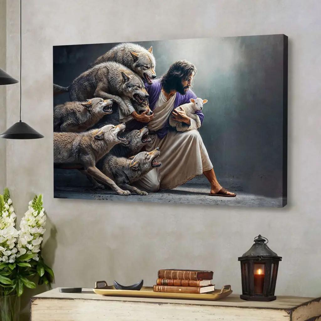 Jesus Protects the Lamb From Wolves Wall Art Canvas, Christian Home ...