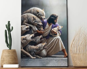 Jesus Protects The Lamb From Wolves Wall Art Canvas, Christian Home Decor, Inspirational Jesus Artwork, Bible Verse Wall Hanging
