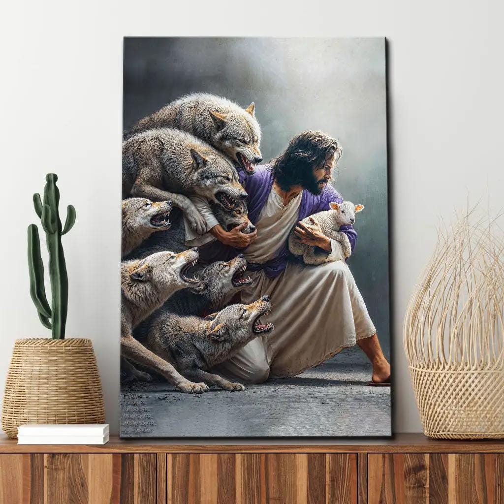 Jesus Protects the Lamb From Wolves Wall Art Canvas, Christian Home ...