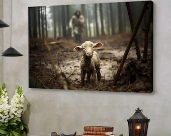 Jesus Running After a Lost Lamb Wall Art Canvas, Jesus and Lamb Picture, Christian Home Decor, Religious Gift, Inspirational Bible Artwork