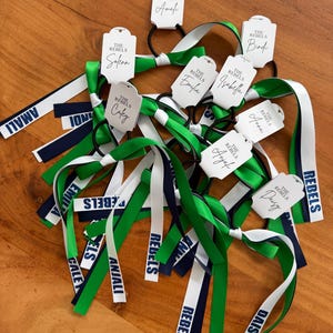 May include: A selection of hair ties with white tags. The tags are printed with names and the text "THE REBELS". The hair ties have green, white, and navy blue ribbons. The ribbons are printed with the word "REBELS" and names.