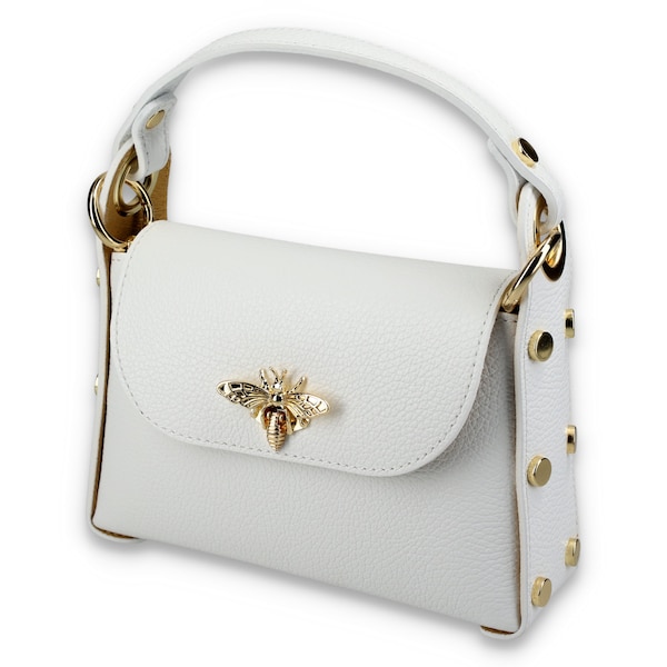 Genuine leather mini bag with bee-shaped clasp, shoulder bag for women white, gift for girlfriend