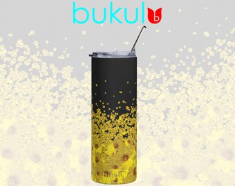 Daisy Stainless Steel Tumbler with Straw 20 oz Black & Yellow, FLoral Water Bottle, Reusable Tumbler, Gift for Her, Gift for Mom