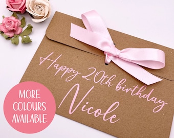 Personalised Happy Birthday Gift Envelope - Labelled Money Envelope, Money Wallet, Voucher Envelope, Birthday Money Envelope with Ribbon