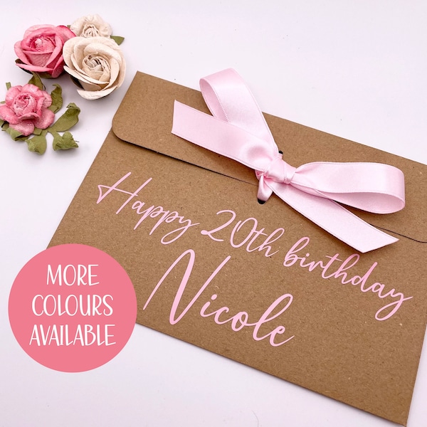 Personalised Happy Birthday Gift Envelope - Labelled Money Envelope, Money Wallet, Voucher Envelope, Birthday Money Envelope with Ribbon