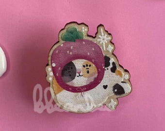 Calico Cat Wearing Pawberry Hat Wooden Pin Badge | Kawaii Cat Accessory, Pink Fashion Pin, Strawberry Gift, Cat Cute Hat Pin