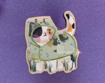 Bucket Calico Cat Frog Raincoat Wooden Pin Badge | Cute Kawaii Cat Accessory, Frog Fashion Pin, Cottagecore Art