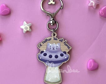 Spooky Cute UFO Cat I'd Rather Be At Home Wooden Keyring Lobster Clasp | Cute Kawaii Cat Accessory, Pink Fashion, Eco Keyring