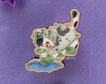 Bucket Calico Cat Frog Rainboots Wooden Pin Badge | Cute Kawaii Cat Accessory, Frog Fashion Pin, Cottagecore Art, Frog Raincoat