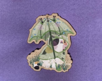 Bucket Calico Cat Frog Umbrella Wooden Pin Badge | Cute Kawaii Cat Accessory, Frog Fashion Pin, Cottagecore Art, Frog Raincoat