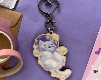Kawaii Celestial Space Cat Wooden Keyring Lobster Clasp | Cute Kawaii Cat Accessory, Pink Fashion, Dreamy Cat Art