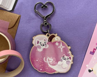 Kawaii Pink Pumpkin and Cat Ghosts Wooden Keyring Lobster Clasp | Cute Kawaii Cat Accessory, Pink Fashion, Pink Halloween