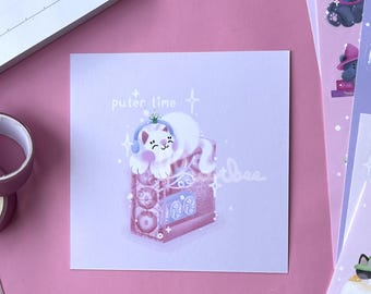 Puter Time Pink Gaming Chair Cat Meme Mini Wall Art Print | Handmade 4x4" Square Illustrated Art Print, Animal Postcard, Cosy Gaming Décor