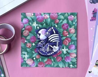 Skeleton Ghost Cat and Tulip Field Mini Wall Art Print | Handmade 4x4" Square Illustrated Art Print, Kawaii Pastel Goth Wall Décor