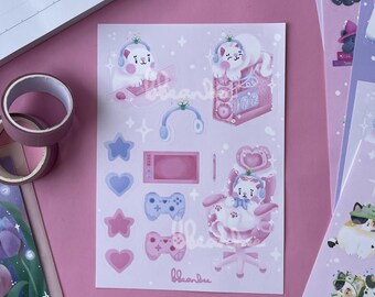 Pink Cosy Gaming Cat Sticker Sheet | A6 Handmade Matte and Glossy Vinyl Sticker Sheet for Journal, Planner & Scrapbook