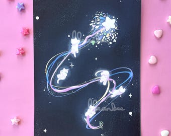 Magical Shooting Star and Space Cats Wall Art Print | Handmade A4 and A5 Illustrated Art Print, Celestial Room Decoration, Anime Lover Gift