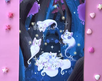 Spooky Cute Cat Sìth Sith and Ghosts Wall Art Print | Handmade A4 and A5 Illustrated Art Print, Scottish Folklore and Highlands Art