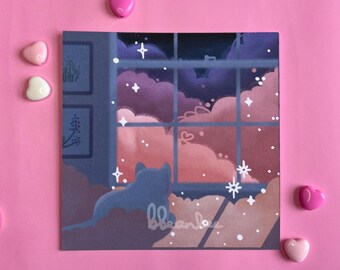 Dreamy Clouds and Cosy Cat Night Bedroom Window Mini Wall Art Print | Handmade 4x4" Square Illustrated Art Print, Kawaii Pastel Wall Décor