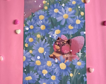 Tortoiseshell Flower Fairy Cat Aster Wall Art Print | Handmade A5 and A4 Illustrated Art Print, Cute Office Décor, Magical Cat, Cosy Night