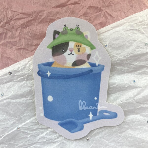 Seaside Bucket Calico Cat Wearing A Frog Bucket Hat Stickers | Handmade Cat Matte and Glossy Stickers for Gifts, Frog Lovers, Cat Lovers